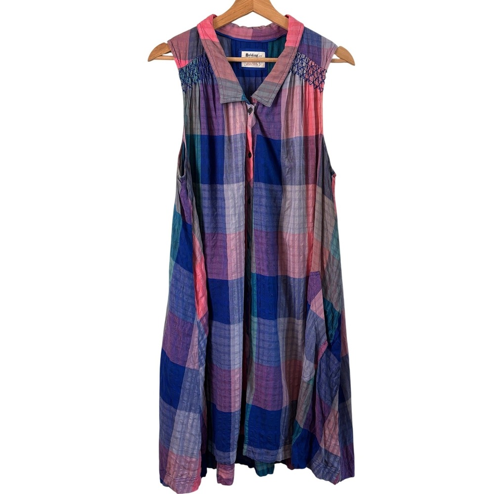 Anthro Holding Horses Shirt Dress Womens Large Plaid Sleeveless A-line Pockets